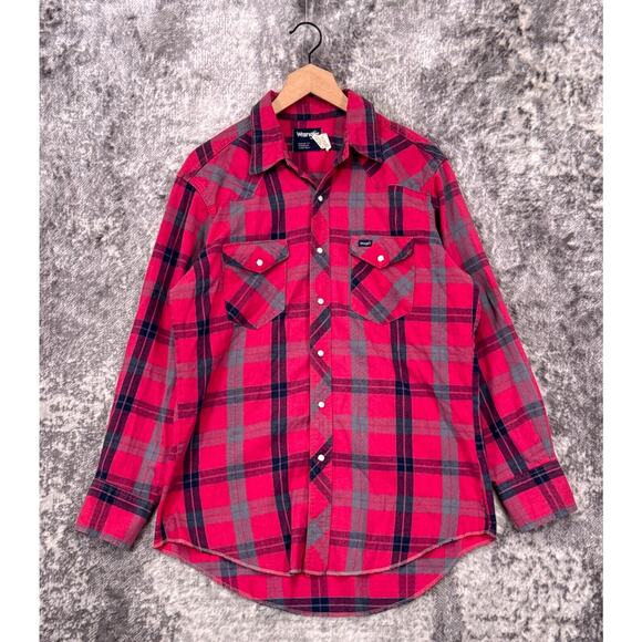Vintage Wrangler Shirt 16.5 / XL Mens Brushpopper Pink Plaid Pearl Snap Made USA